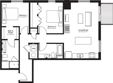 Floor plan for 2 beds, 2 baths, 1097 sqft